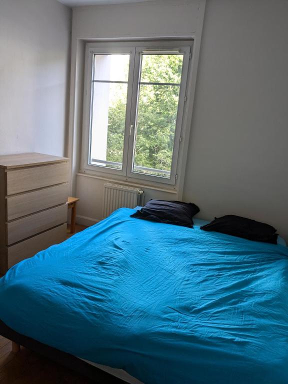 une chambre avec un lit bleu et une fenêtre dans l'établissement Chambre double confortable, au calme et proche du centre-ville de Lyon, à Lyon