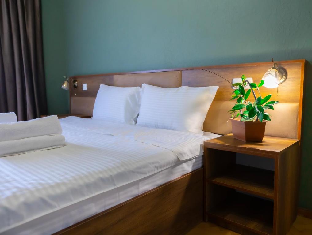 a bedroom with two beds and a potted plant on a table at Hotel Horizont Telavi in Tʼelavi