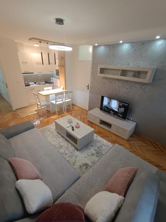 a living room with a couch and a tv at ZONA apartman in Vranje