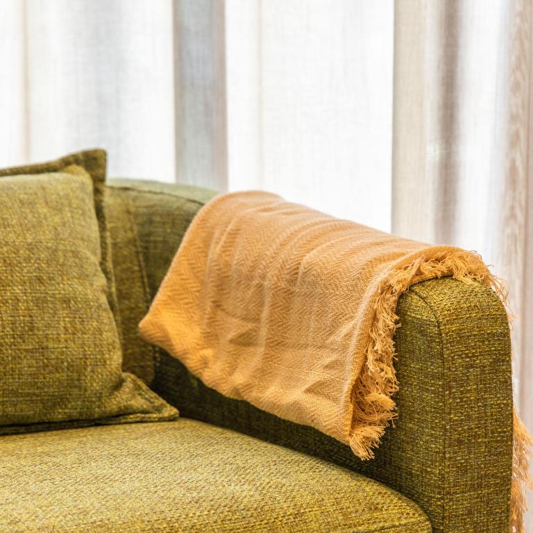 a brown blanket on the side of a couch at The Signature Suite in Mercury Tower in St. Julianʼs
