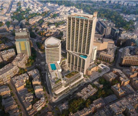 an overhead view of a city with tall buildings at The Signature Suite in Mercury Tower in St. Julianʼs