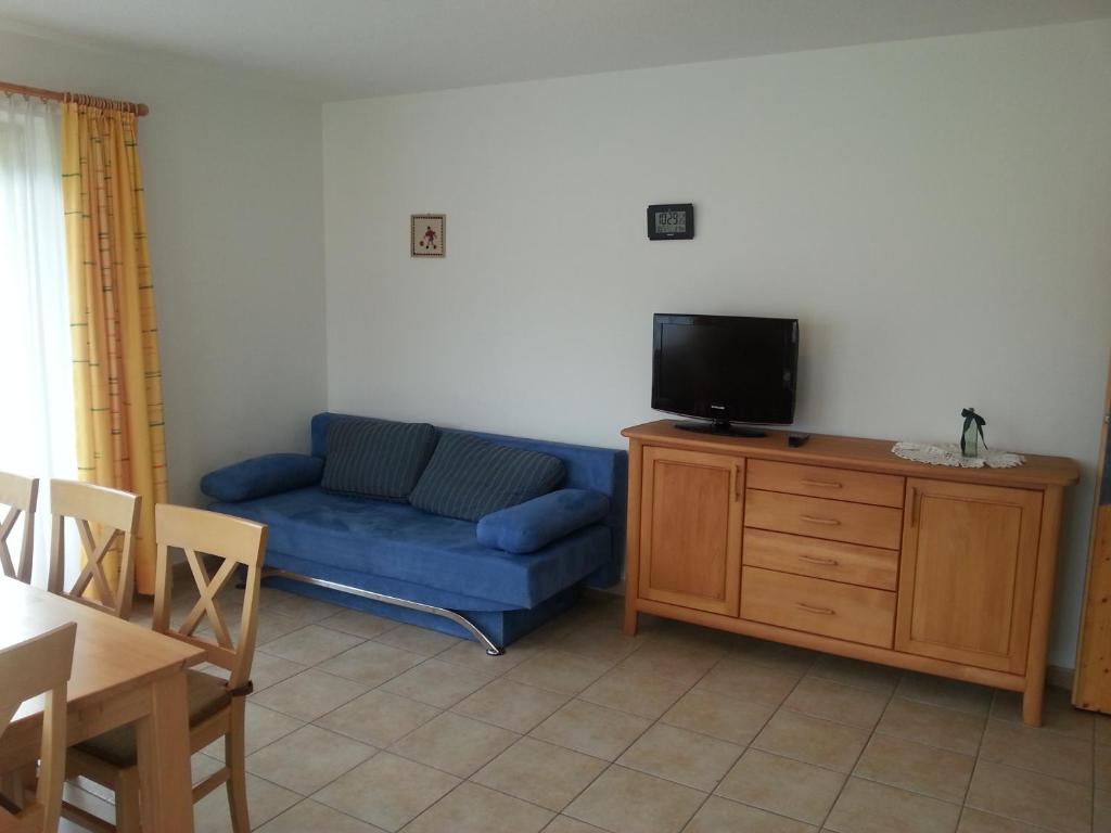 salon z niebieską kanapą i telewizorem w obiekcie Apparthotel Stoanerhof w mieście Uderns