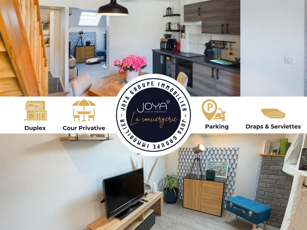 un collage de photos d'un salon et d'une cuisine dans l'établissement Le Duplex - Cour extérieur, à Troyes