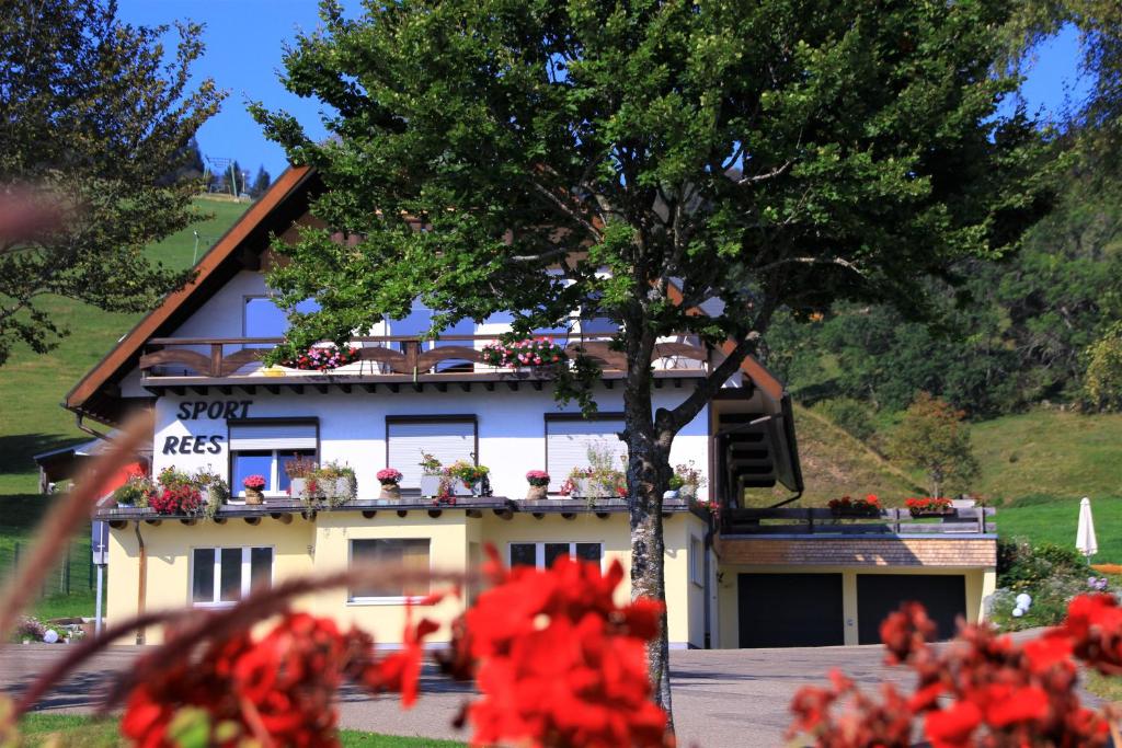 a building with red flowers in front of it at Sport Rees - Ferienwohnung Anna in Hofsgrund