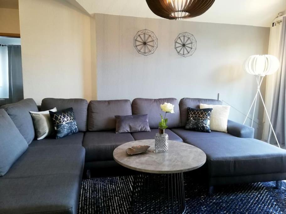 ラムシュタイン・ミーゼンバッハにある2BR fully furnished apartment, 4min to RABの青いソファとテーブルのあるリビングルーム