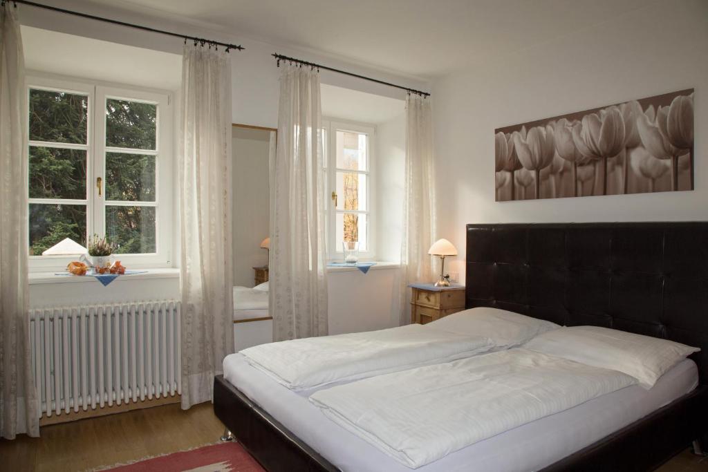 a bedroom with a large bed and two windows at Villa Lageder in Sarntal