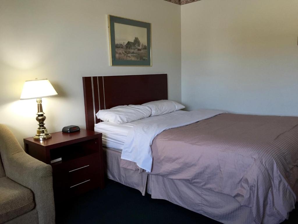 ein Hotelzimmer mit einem Bett, einer Lampe und einem Stuhl in der Unterkunft Colonial Inn in Brandon