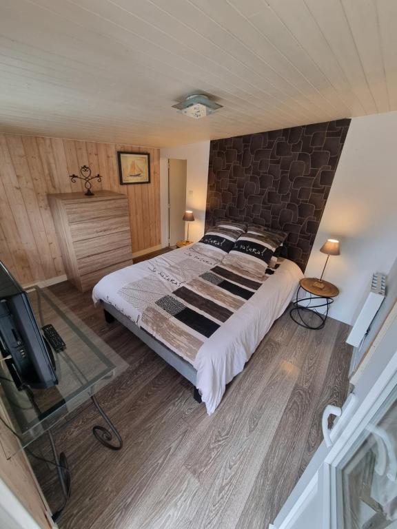 a bedroom with a large bed and a tv at Le petit Pelanne in Saint-Vincent-de-Paul