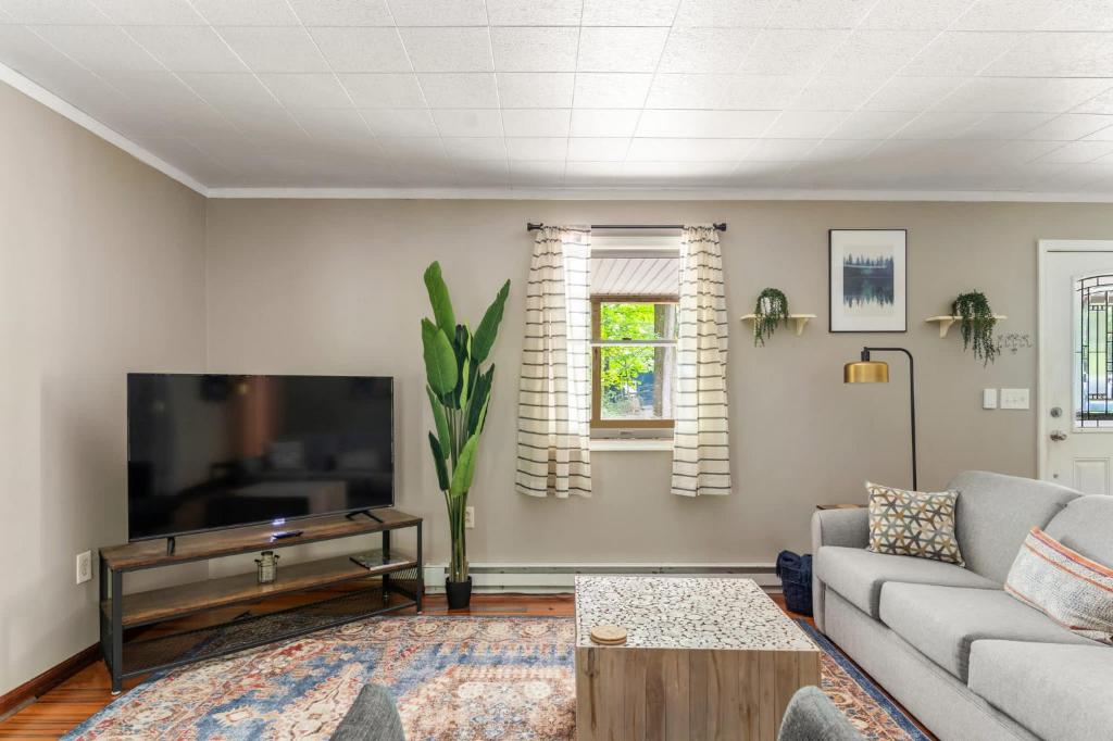 a living room with a couch and a flat screen tv at Modern decor, Hot Tub, Fire Pit, Grill, & Games in Berkeley Springs