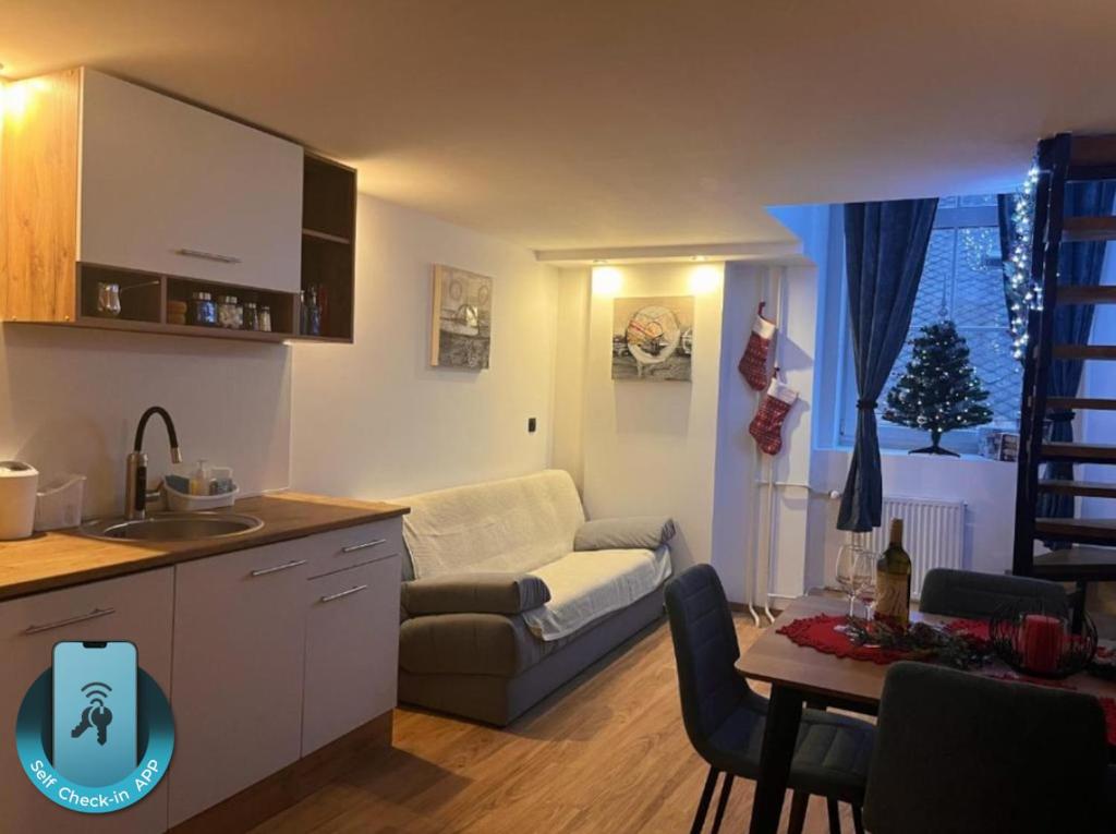 a kitchen and living room with a couch and a table at Apartman LA CASA 77B in Ljubljana