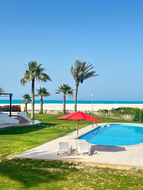 une piscine avec un parasol rouge, des chaises et des palmiers dans l'établissement فيلا7غرف اول صف على البحر بحمام السباحة مارينا 5 الساحل الشمالي العلمين, à El Alamein