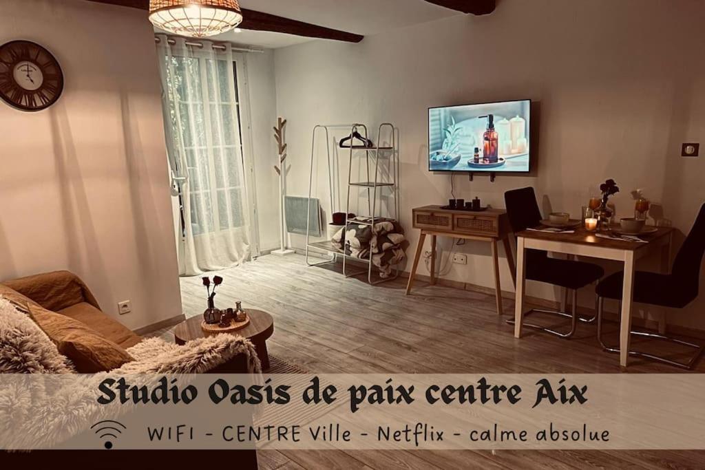 - un salon avec un lit, une table et une télévision dans l'établissement Studio Oasis de paix centre Aix en Provence, à Aix-en-Provence