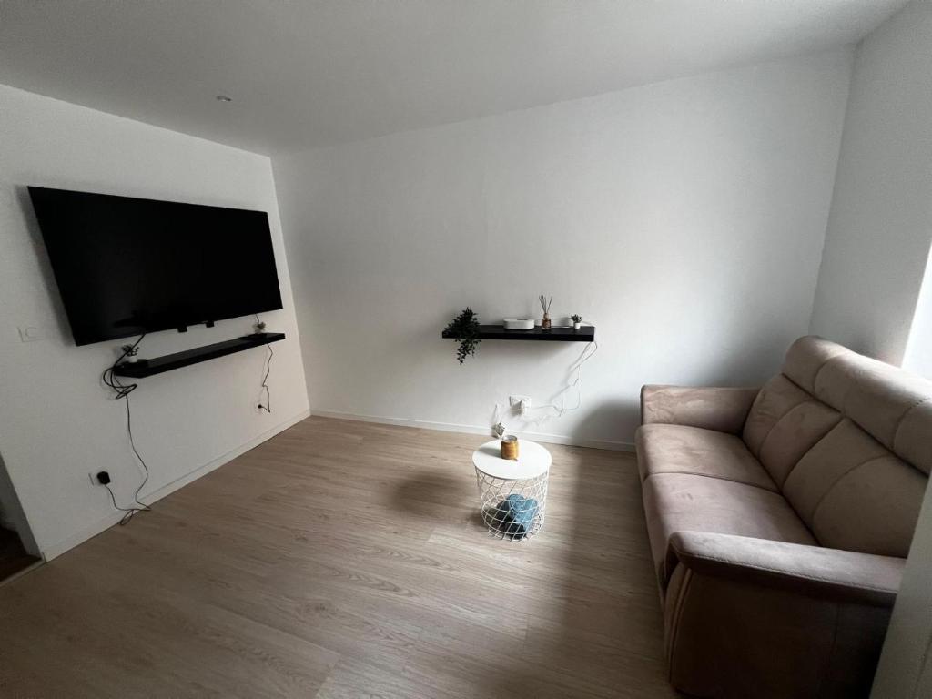 un salon avec un canapé et une télévision à écran plat dans l'établissement Tout confort au porte de Strasbourg, à Strasbourg