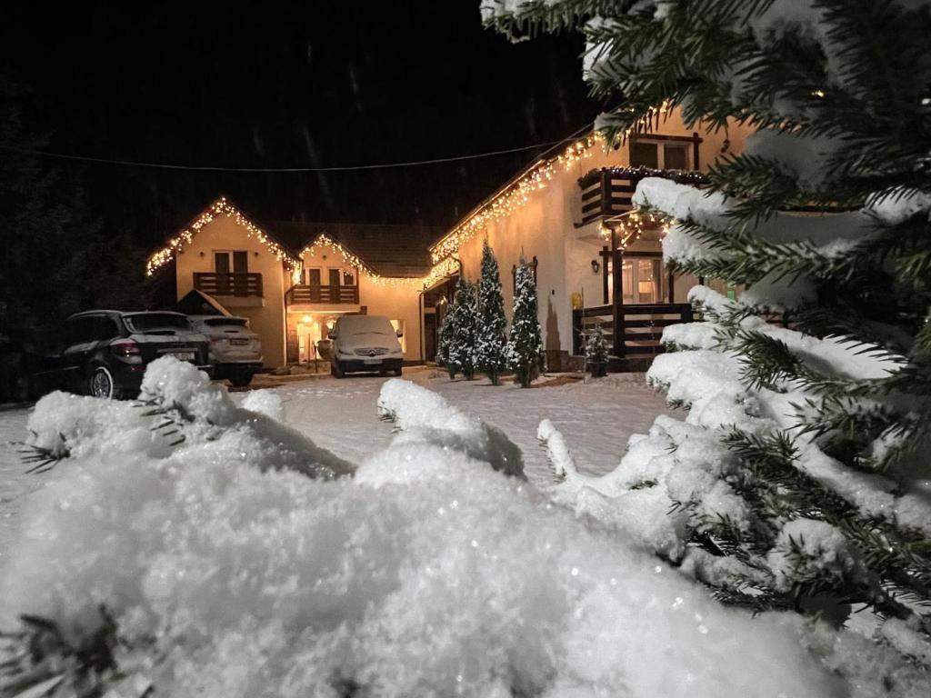 a house covered in snow at night with christmas trees at Casa Phoenix in Molidu