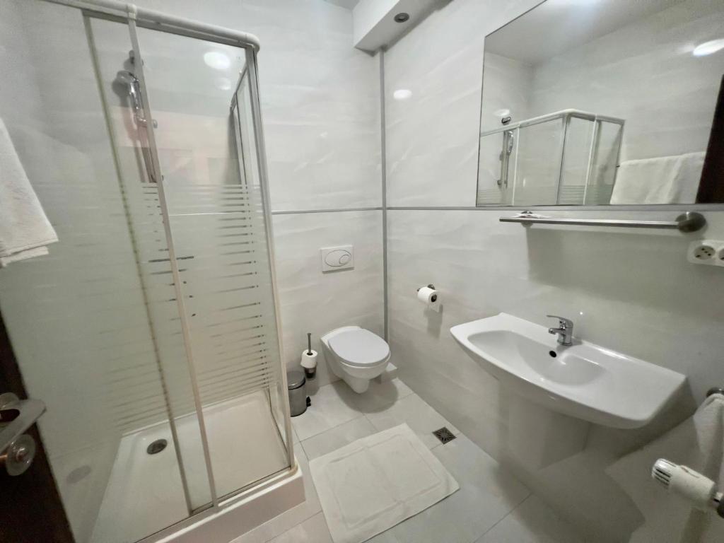 un bagno con doccia, WC e lavandino di Pensiunea CENTRAL PODARI a Podari