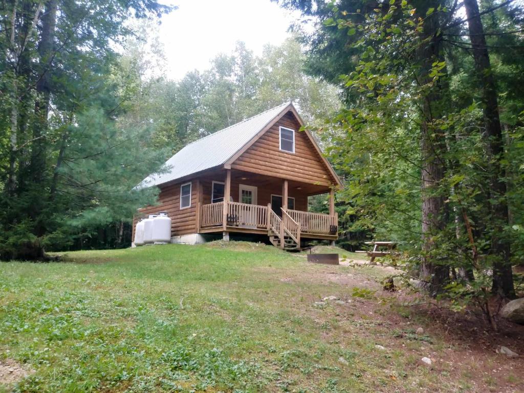 una baita di tronchi nel bosco con un ampio cortile di Wild Fox Cabins a The Pines
