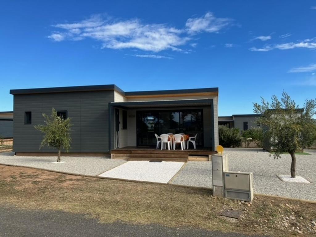 une maison avec deux animaux assis à l'intérieur dans l'établissement Chalet 3 chambres, piscine, lac à 100m - Olonzac - FR-1-783-1, à Olonzac