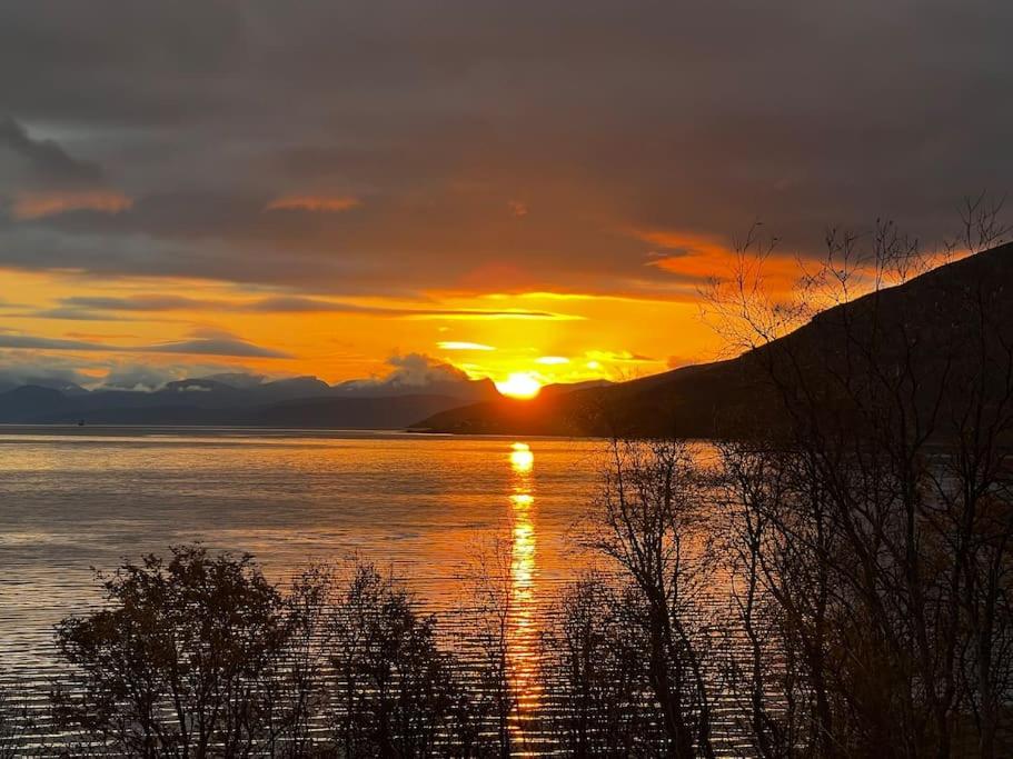 a sunset over a body of water with the sun setting at Trønderstua in Tromsø