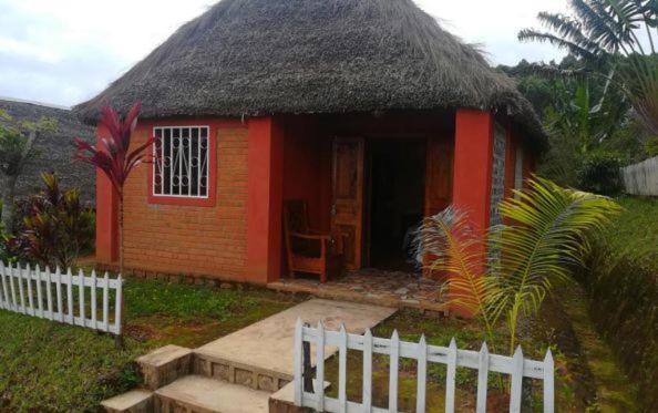 une petite maison rouge avec un toit en gazon dans l'établissement GO Andasibe Hotel, à Andasibe