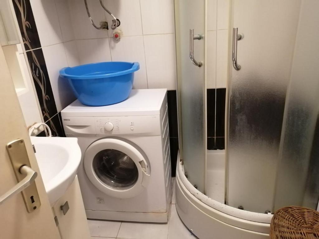 Un baño con una lavadora con un recipiente azul encima. en Dalijan Apartman, en Ohrid