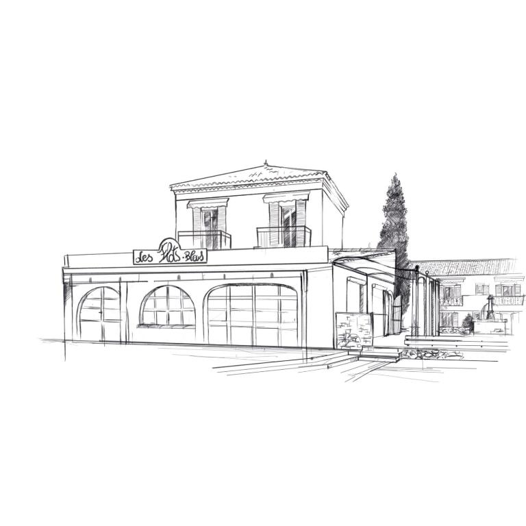 dessin en noir et blanc d'une maison dans l'établissement Hotel Les Flots Bleus, au Lavandou