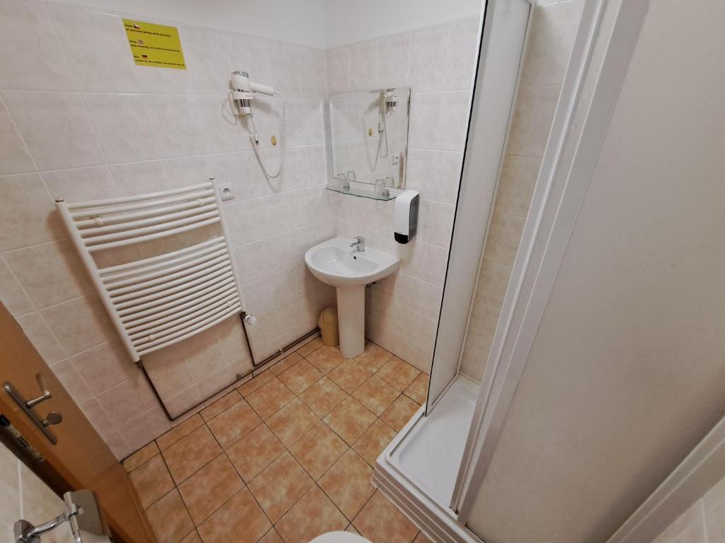 łazienka z toaletą, umywalką i prysznicem w obiekcie Vzdělávací Středisko a Hotel w mieście Varnsdorf