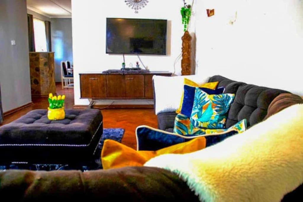 a living room with a couch and a tv at The Adventure Begins in Bulawayo