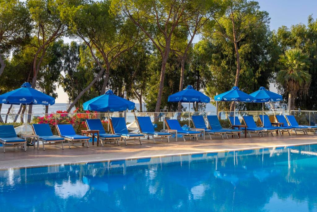 a group of blue chairs and umbrellas next to a swimming pool at Park Beach Hotel in Limassol