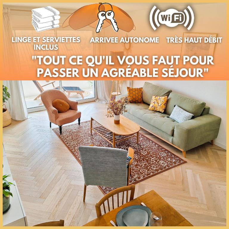 un salon avec un canapé et une table dans l'établissement L'agave - Rennes Quartier Anatole France, à Rennes