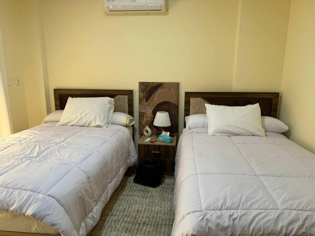 Dos camas una al lado de la otra en un dormitorio. en Elegant Guest House, en New cairo