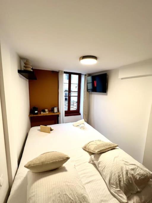 une chambre avec un lit blanc avec deux oreillers dans l'établissement Les chambres de la bastide - 204, à Carcassonne