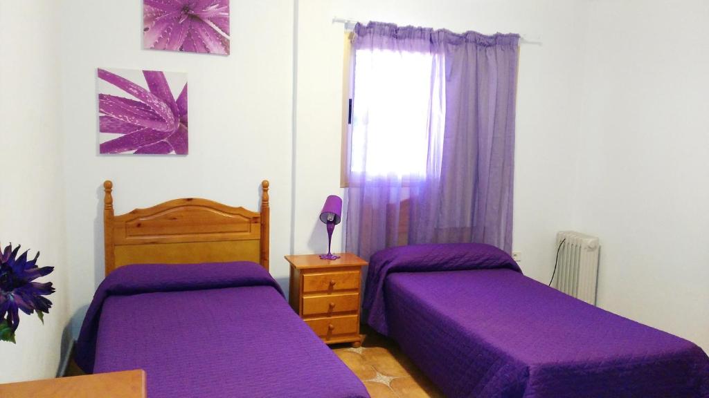 two beds in a room with purple sheets at Pensión Amparo Las Hayas in Valle Gran Rey