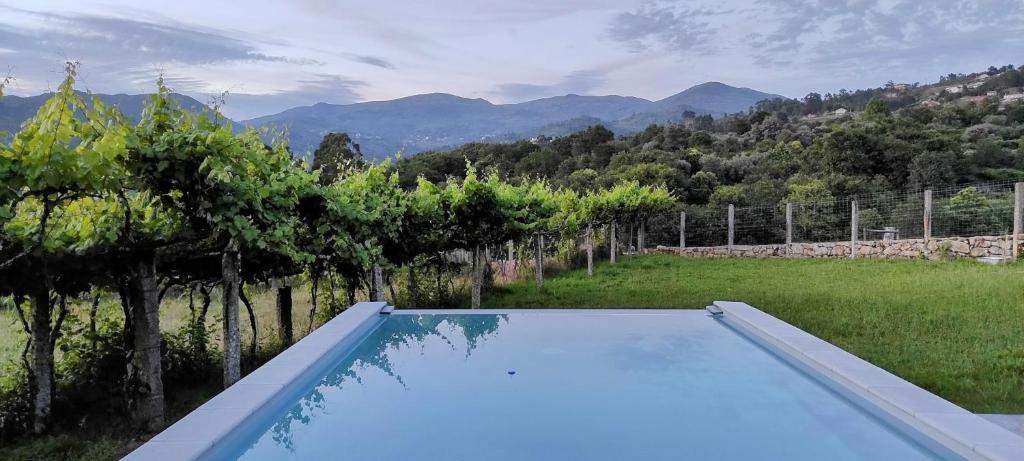 a swimming pool in a yard with trees and mountains at Casa da Barroca - Piscina Exclusiva & Natureza in Arcos de Valdevez
