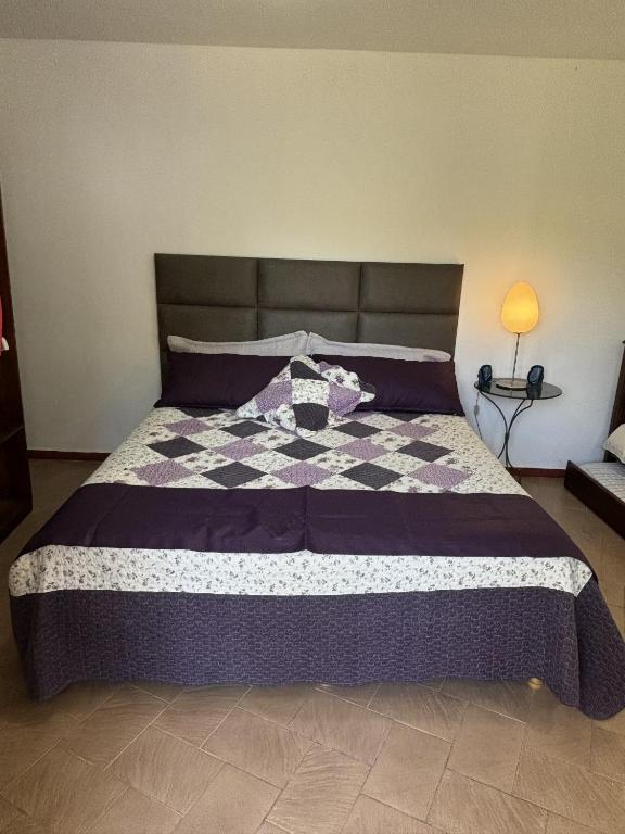 a bed with a purple and white quilt on it at CHACRAS Land in Ciudad Lujan de Cuyo