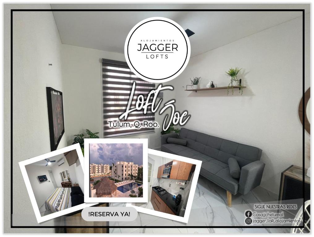 a collage of photos of a living room with a couch at Loft Joe con WiFi y Alberca in Tulum