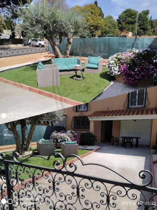 deux photos d'un jardin avec un banc et une maison dans l'établissement Maison proche des plages et du marché de Noël, à Alénya