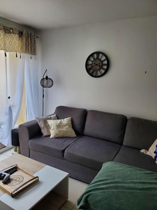 un salon avec un canapé et une horloge au mur dans l'établissement Maison proche aéroport, à Saint-Aignan-Grand-Lieu