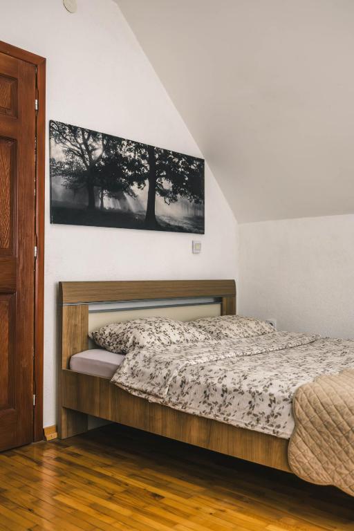 a bedroom with a bed and a picture on the wall at Lodge Zeleni svet in Crni Vrh