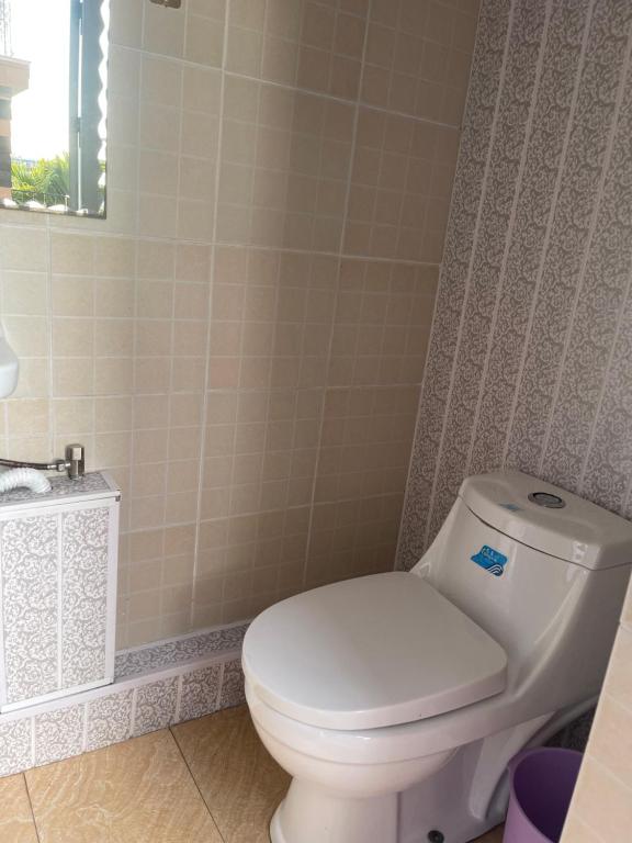 a bathroom with a white toilet and a sink at Cozy House in Rose Hill