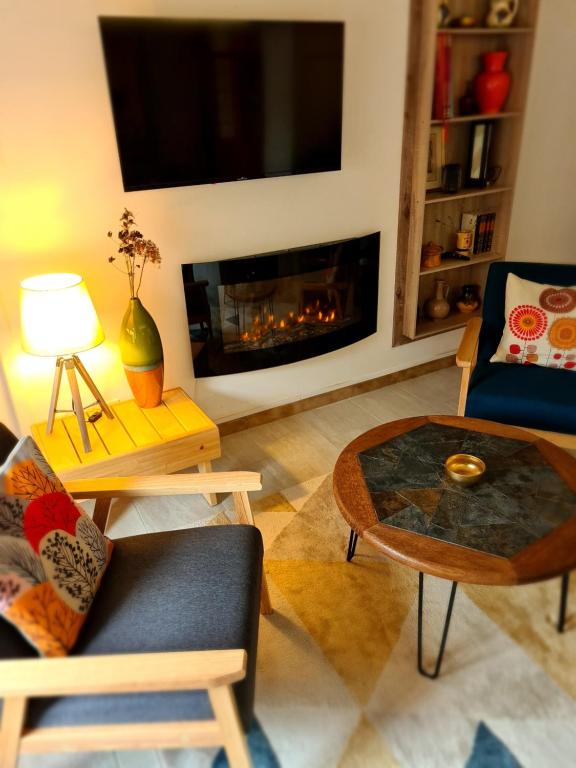 a living room with a couch and a fireplace at Gîte Le Petit Velours in Lancié