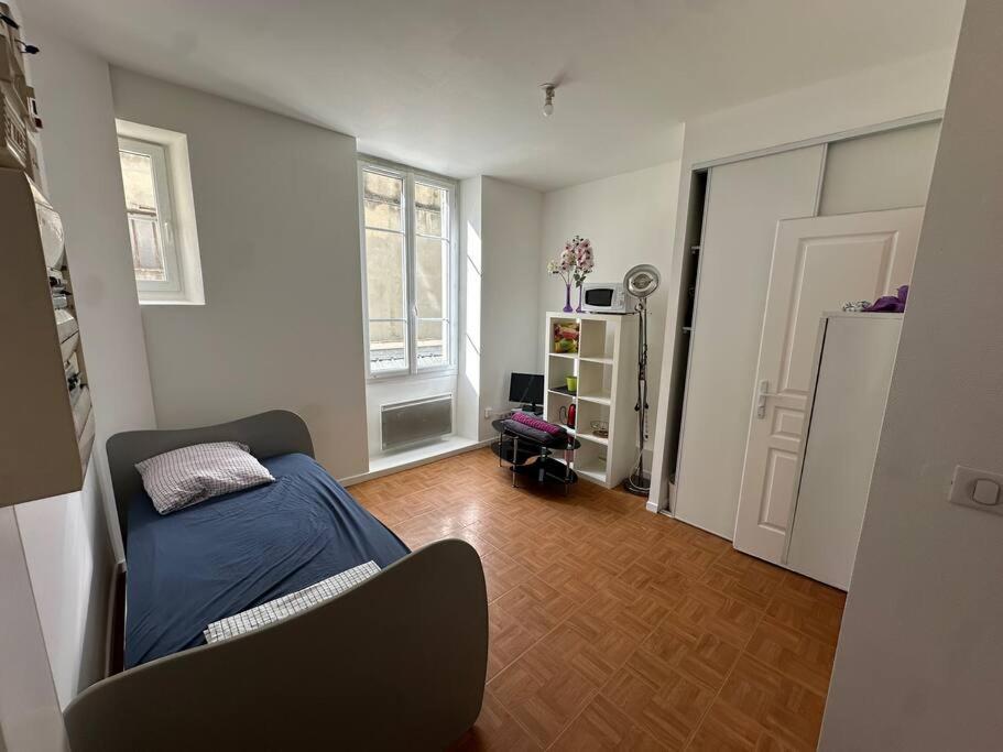 - un salon avec un lit et un réfrigérateur dans l'établissement Petit Studio Hyper Centre, à Grenoble