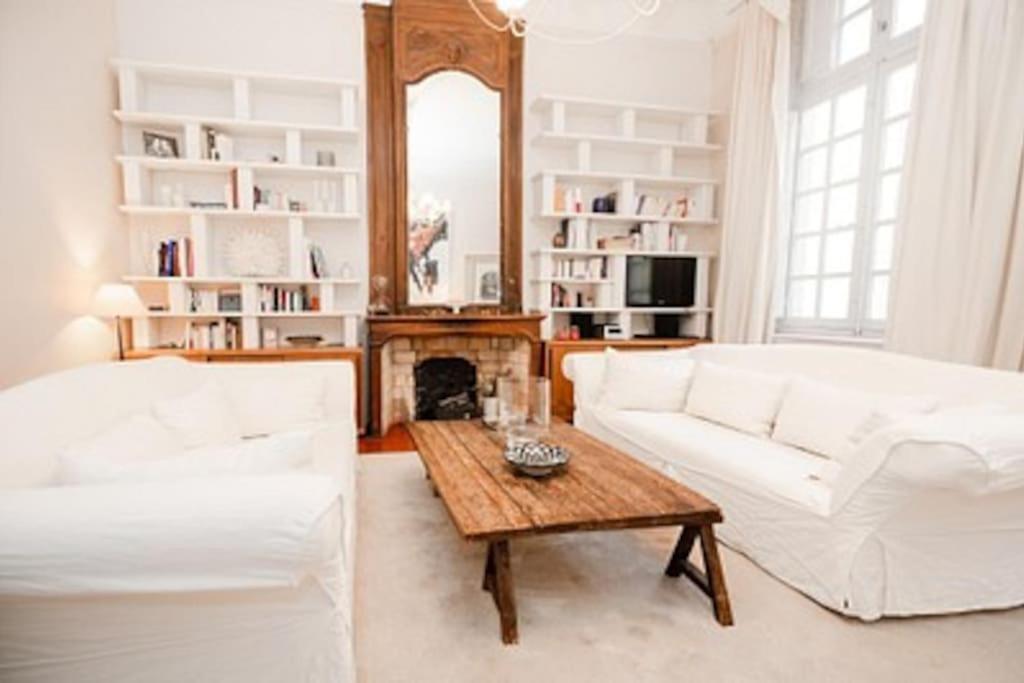 un salon avec un canapé blanc et une table dans l'établissement Hôtel Particulier Aix, à Aix-en-Provence