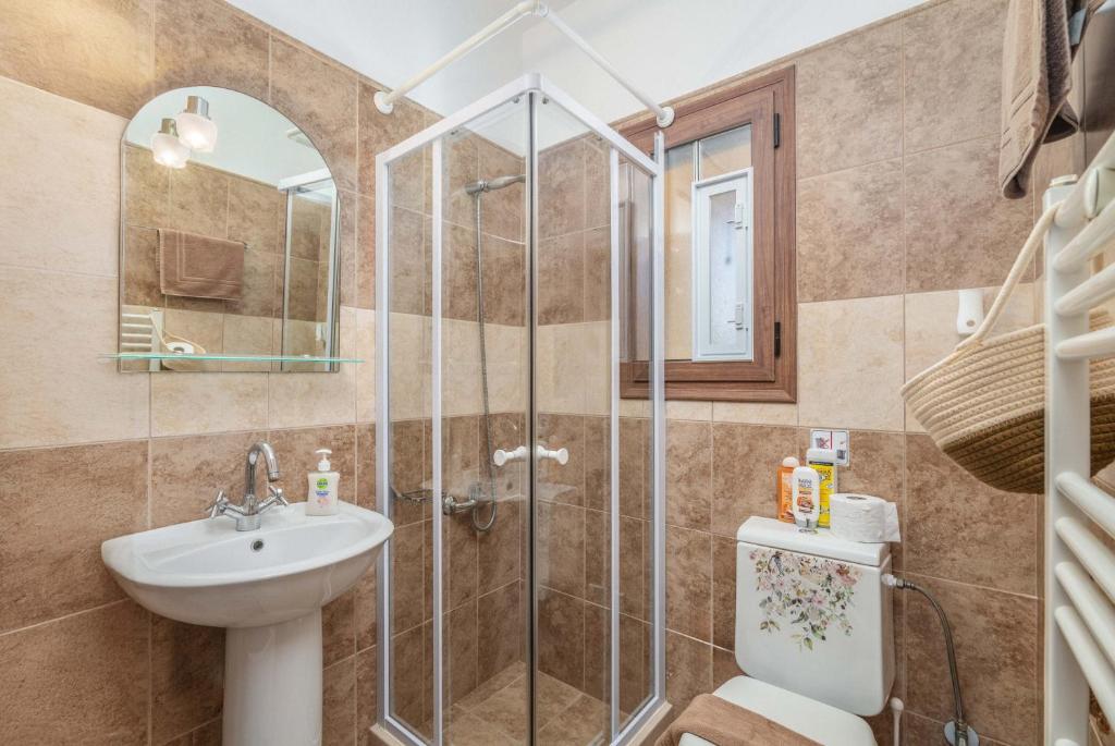W łazience znajduje się prysznic, umywalka i toaleta. w obiekcie Celine Deluxe Apartment w mieście Leukada (miasto)