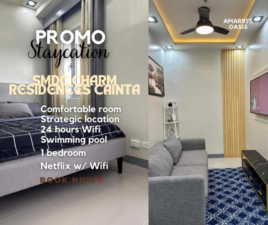 a bedroom with a bed and a couch and a sign at SMDC CHARM 1 bedroom condo with Netflix & Balcony in Manila