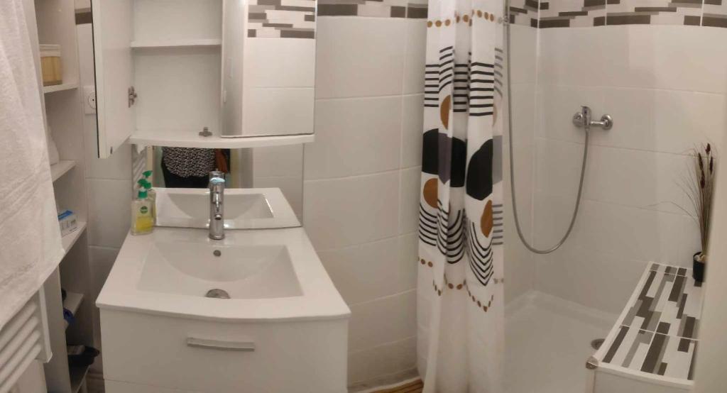 une salle de bain blanche avec un lavabo et une douche dans l'établissement Studio plage, à Canet