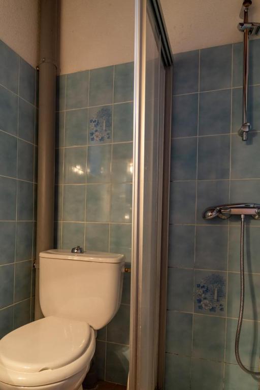 une salle de bain avec toilettes et douche dans l'établissement Le four, ferme de la beyssiere, à Saint-Jean-Chazorne