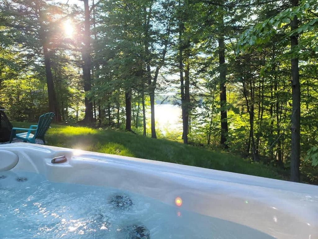 a jacuzzi tub with a view of the forest at View and access to Lake Orford - Spa - Australe in Austin