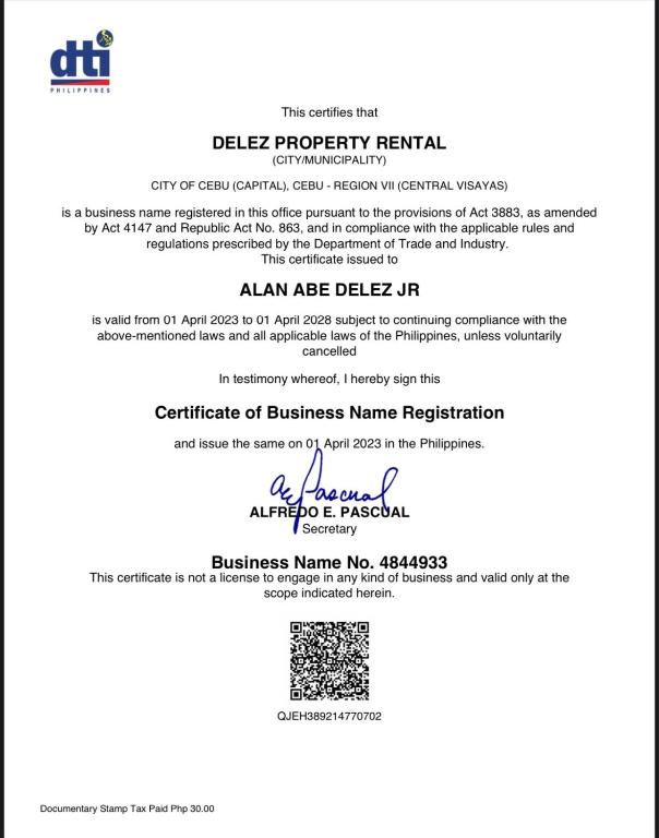 Certifikát, hodnocení, plakát nebo jiný dokument vystavený v ubytování One Oasis 2BR Condo in Mabolo-near SM, Ayala, IT park