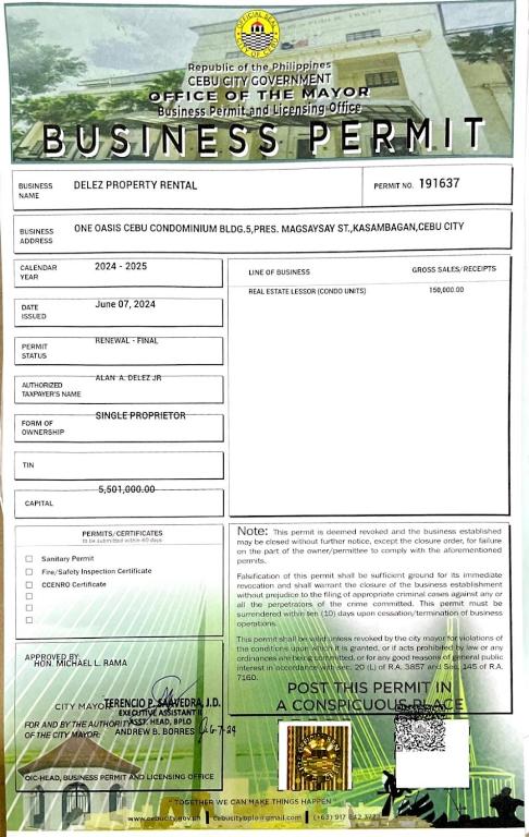Certifikát, hodnocení, plakát nebo jiný dokument vystavený v ubytování One Oasis 2BR Condo in Mabolo-near SM, Ayala, IT park