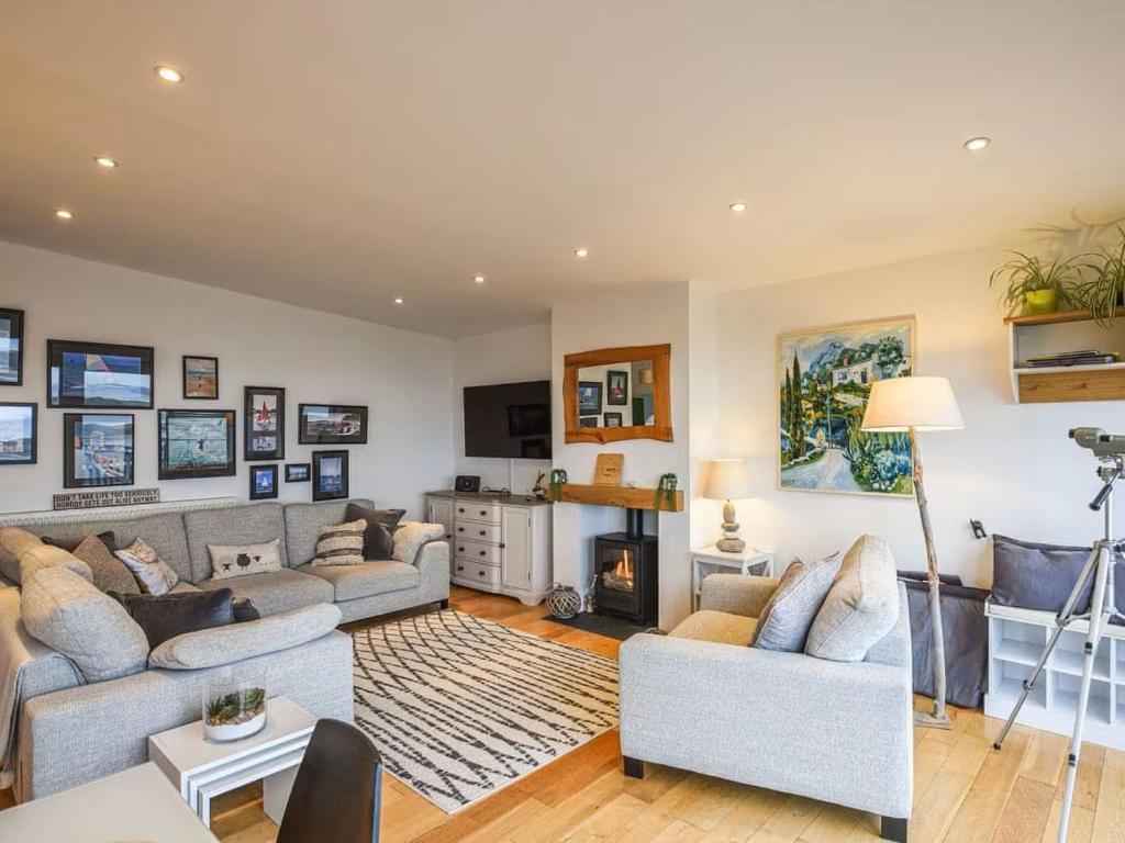 a living room with two couches and a fireplace at The Glass House in Aberdyfi